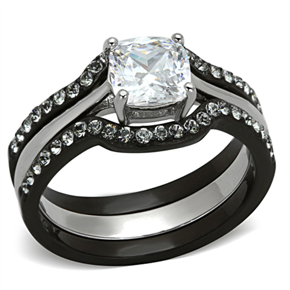 1.85 CT CUSHION CUT CZ BLACK STAINLESS STEEL WEDDING RING SET WOMEN'S SIZE 5-10
